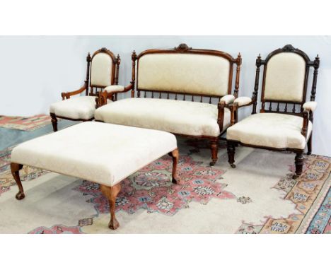 A VICTORIAN WALNUT THREE PIECE SUITE OF SOFA AND PAIR OF ARMCHAIRS, WITH PADDED BACK