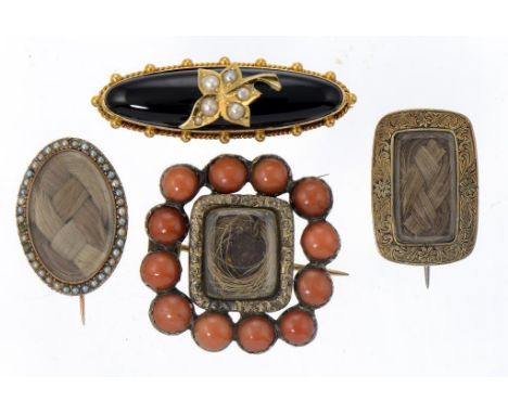 FOUR VICTORIAN GOLD MOURNING BROOCHES, MID 19TH C  one set with coral, another with split pearls and black enamel, gross wt 1