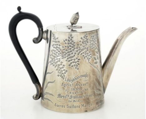 AN UNUSUAL VICTORIAN SILVER PRIZE TEAPOT, THE FLAT LID WITH INTEGRAL HINGE, ENGRAVED WITH VEGETABLES AND RELATED INSCRIPTION 