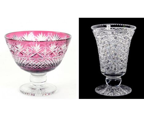 AN AMETHYST FLASHED CUT GLASS PEDESTAL BOWL, 24CM H AND A CUT GLASS VASE