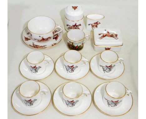 A SET OF SIX ROYAL WORCESTER FOX HUNTING COFFEE CUPS AND SAUCERS, A GROUP OF SIMILAR ROYAL WORCESTER TRINKET WARE OF THE SAME