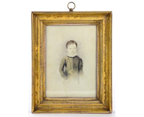 ENGLISH SCHOOL, 19TH CENTURY - PORTRAIT MINIATURE OF A BOY HALF LENGTH, WATERCOLOUR ON CARD, 16 X 11.5, GILT FRAME