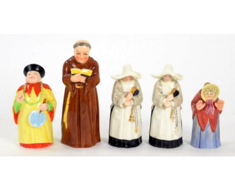 FIVE ROYAL WORCESTER FIGURAL CANDLE SNUFFERS, VARIOUS SIZES, PUCE PRINTED MARK