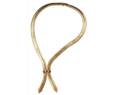 A RUBY AND DIAMOND SET 9CT GOLD CHEVRON NECKLACE, LONDON 1964, 68G GROSS