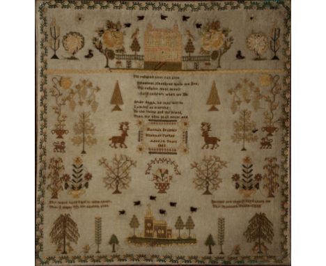 A LINEN SAMPLER WORKED BY HANNAH BRAMLEY HUCKNALL TORKED AGED 14 YEARS 1848, 42 X 40CM, IN THE ORIGINAL PAINTED FAUX ROSEWOOD