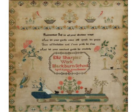 A VICTORIAN LINEN SAMPLER INSCRIBED ELIZ SHARPLE'S WORK BLACKBURN SCHOOL AGED 11 YEARS ANNO DOMINI 1859, 40 X 43CM, MAPLE FRA