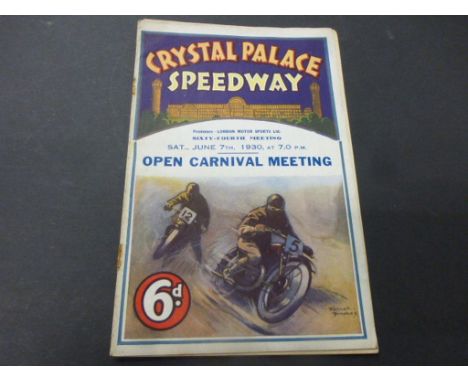 1930 Crystal Palace Speedway  meeting programme for Open Carnival Meeting on 7th June 1930, riders include Johnson, Wilkinson