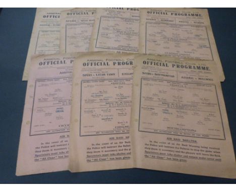 7 1940s Arsenal home single sheet programmes to include War Time 1944 v Southampton, 1945 Chelsea, Crystal Palace, Clapton Or