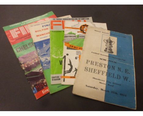 Five FA Cup Final and Semi Final football programmes to include SF's 1957 Aston Villa v WBA at Wolves, 1954 Preston v Sheffie