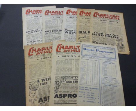 Eight 1947/48 Charlton Athletic home football programmes to include 1947 v Sheffield United, Burnley, Derby County, Middlesbr