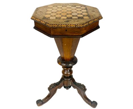 A 19th century walnut inlaid marquetry hexagonal games/work table on tripod supports. The top lifts to reveal an arrangement 