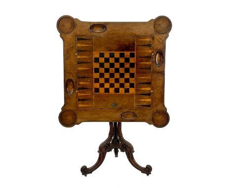 A mahogany pedestal games table. Early George III and later, the top inlaid for backgammon and chess, with dished counter and