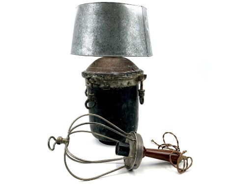 A large metal painted and enamel industrial light fitting. Diameter 47cm, together with repurposed table lamp and a cage ligh