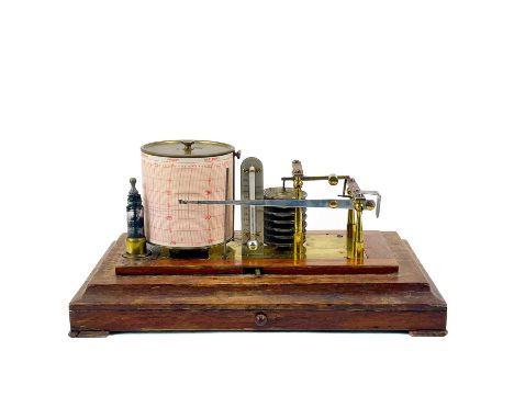 A brass and oak barograph. With thermometer, under a later perspex cover, length 35.5cm.