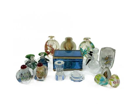 Two Chinese internal painted snuff boxes. Together with a glass trinket box, three small vases, five perfume bottles and thre