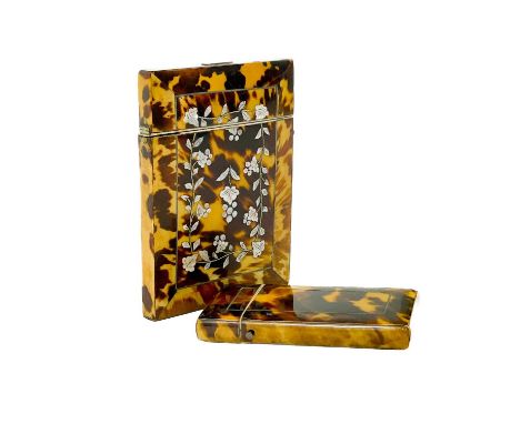 A Victorian tortoiseshell card case. With mother of pearl foliate inlaid decoration, 11X7.5cm, together with a similar smalle