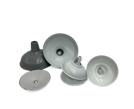 A pair of industrial enamel light shades. Diameter 40.5cm together with a set of three smaller industrial enamel light fittin