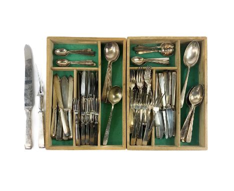 A canteen of Mappin &amp; Webb Overture pattern silver plated cutlery. Comprising fish knives and forks, dessert knives and f