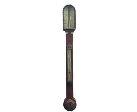 An early Victorian figured walnut stick barometer, by Heath, Plymouth. With carved and applied floral and foliate mouldings, 