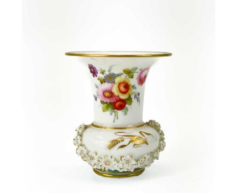 A small porcelain vase. Circa 1820, with applied floral moulding and painted with flowers, bears inscribed mark in red enamel