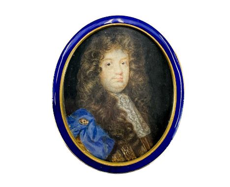 Circle of Richard Gibson (1615-1690) A 17th century portrait miniature of a bewigged gent, watercolour on vellum card, 6X4.7c