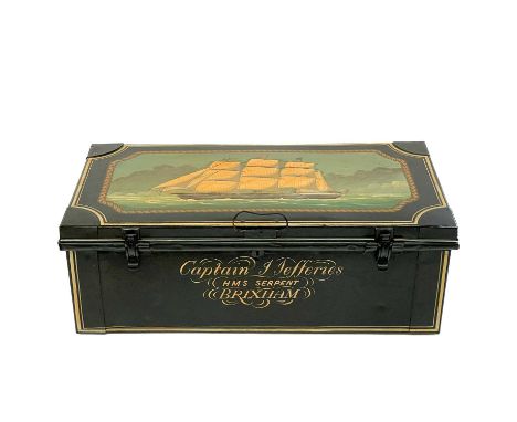 An early 20th century painted metal trunk. Decorated with a sloop of war within a painted rope cartouche and inscribed Captai
