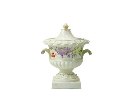 A Swansea porcelain vase and cover. Of campana shape, with leaf moulded border, twin handles and square foot, well painted wi