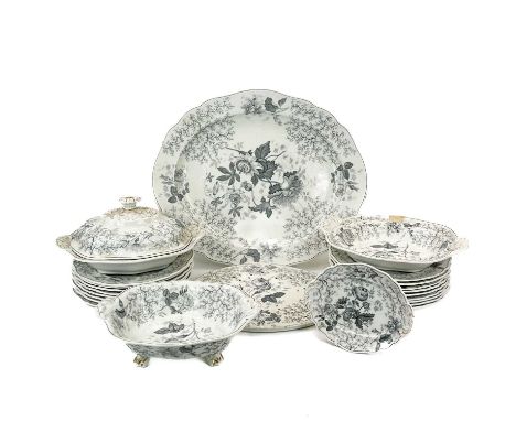 A Chamberlains Worcester part dinner service. Circa 1840, printed in grey with flowers and coral, 155 New Bond Street mark, c