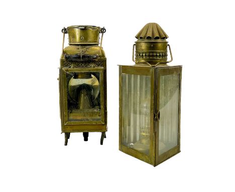 A brass wardroom lamp by Eli Griffiths, 1915. Of rectangular section, on four feet, the burner stamped with initials and date