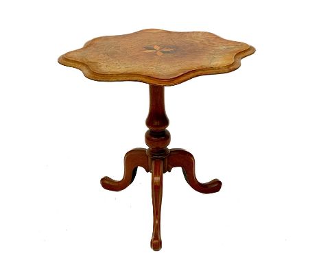 A Victorian figured walnut and inlaid occasional table. On a turned column and tripod base, height 63cm, width 67cm, depth 55