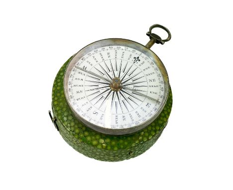 A George III silver pocket compass and shagreen case. By 'Watkins, Charing Crofs London' the back of the case hallmarked for 