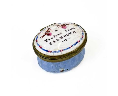 A late 18th century South Staffordshire or Battersea enamel patch box A Present from Falmouth, with mirrored hinged lid, heig