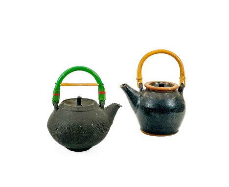 Richard BATTERHAM (1936-2021) A pottery teapot and cover. With mottled glaze and cane handle, height 23cm, together with anot