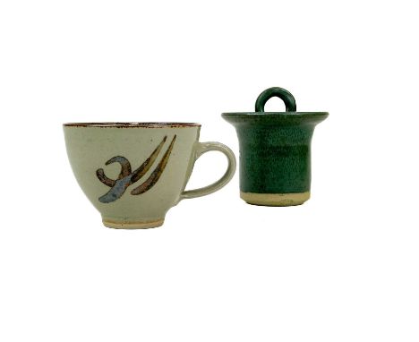 Studio and other pottery. Comprising two terracotta jugs, a Mary White (Wales) small pot and cover, height 9cm, a Thomason Mi