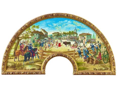 A Spanish watercolour fan design by R Mateos 1881. Bullfight in a small town, fan-shaped arch, signed and dated 1881, in an o