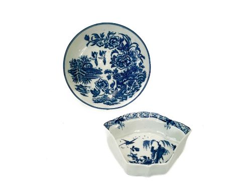 A Worcester hors d'ouvre dish. Painted in underglaze blue with the willow rock bird pattern, circa 1770, width 8cm and a mini