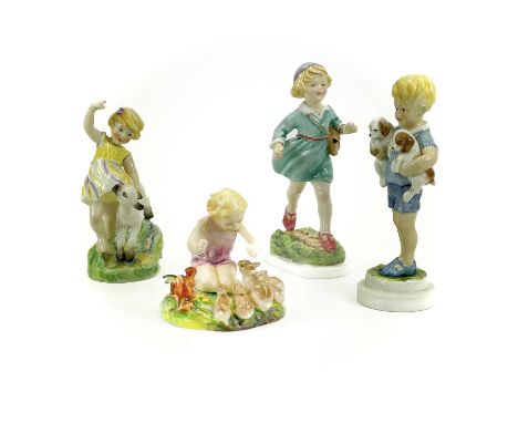 A Royal Worcester figure titled Woodland Dance. Modelled by F.G. Doughty, height 10.5cm, together with three other similar fi