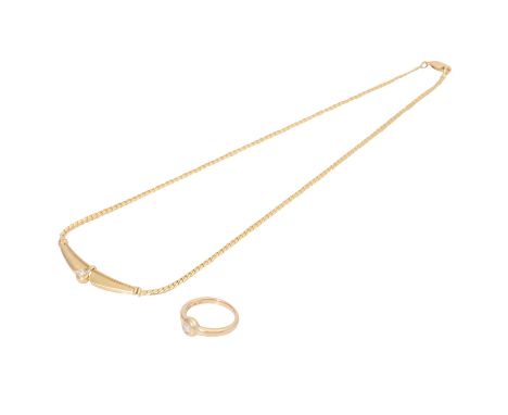 Schmuckkonvolut 2-teilig, GG 14K, 17,6 g, Händlerkonvolut bestehend aus 1 Ring Weite 56 und 1 Collier 44 cm, mit Diamant, Tra