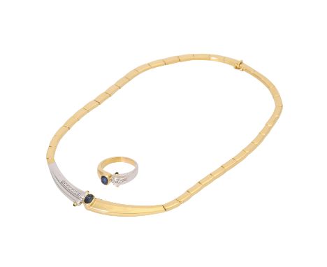 Schmuckkonvolut 2-teilig, GG/WG 18K, 64,8 g, Händlerkonvolut bestehend aus 1 Ring Weite 60 und 1 Collier 42 cm, mit Saphir un