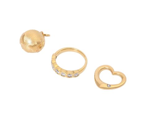 Schmuckkonvolut 3-teilig, GG 18K, 14,5 g, Händlerkonvolut bestehend aus 1 Ring Weite 56 und 2 Anhängern, tlw. mit Diamant, Tr