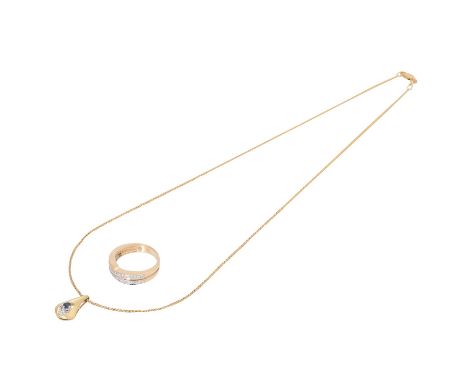 Schmuckkonvolut 2-teilig, GG 14K, 8,1 g, Händlerkonvolut bestehend aus 1 Ring Weite 53 und 1 Anhänger mit Kette 43 cm, mit Sa