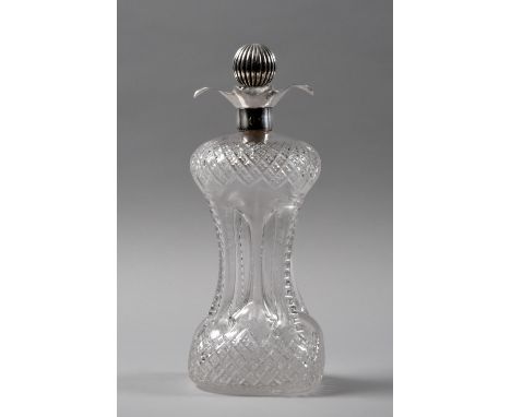 A late Victorian cut glass cluck cluck decanter  with a quatrefoil pouring spout, having a lobed globular stopper, makers mar