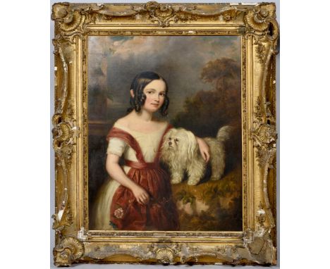 W R Waters 1847 - portrait of a young lady with her dog,  signed and dated, oil on canvas, framed, 35.5in x 27.5in - canvas d