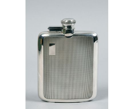 An early 20c silver pocket flask with hinged screw top, engine turned panels to both front and back, makers mark for James Di