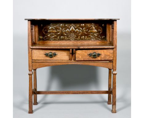 A late 19c Arts &amp; Crafts oak side table with copper stylistic floral stamped back panel under a canopy shelf with florett