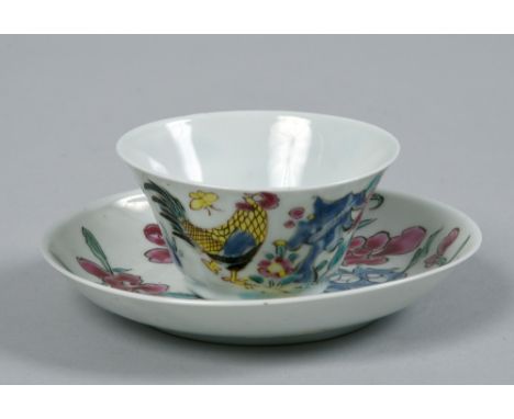 A small Chinese teabowl and saucer painted with flowers, cockerel and butterfly in bright enamel colours, saucer 4in w.
