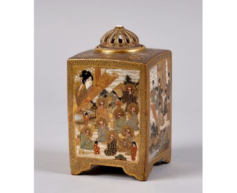 A Japanese Satsuma pot pourri pot of square form with a pierced  dome cover (finial missing), the pot decorated with panel de
