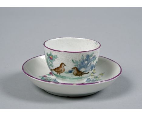 A Plymouth child's teabowl and saucer painted with two birds, rock, flowers and insect, teabowl with glaze specks, saucer sli