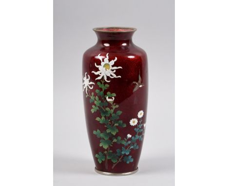 A Meiji period enamel baluster vase of red ground with finch and floral decoration, 9.75in h.