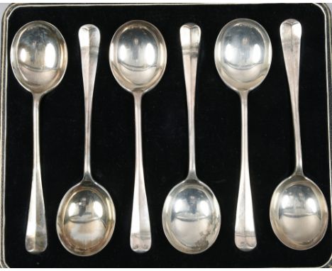 A boxed set of six silver soup spoons, makers mark for R F Mosley &amp; Co, Sheffield 1934,15oz, each 7.75in l, in presentati